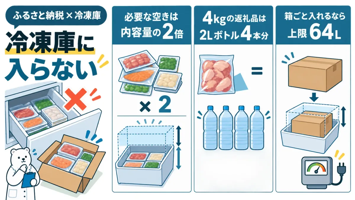 「ふるさと納税の返礼品が冷凍庫に入らない。原因と5つの対策」の要点をまとめた図解