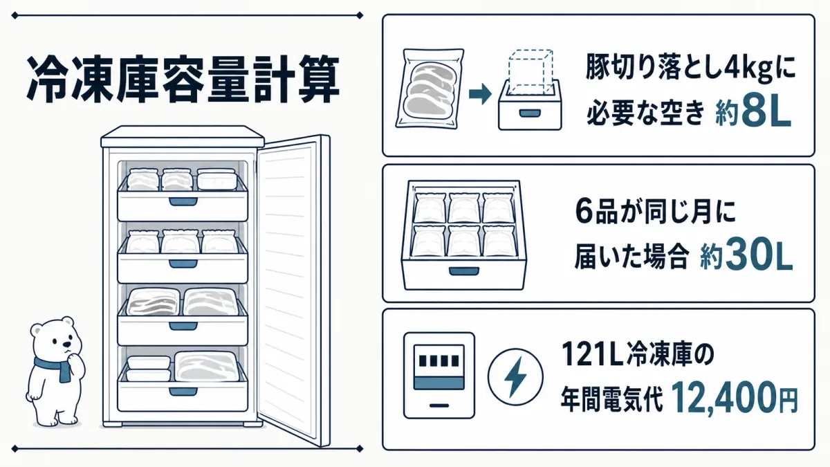 「ふるさと納税で冷凍庫パンパンを防ぐ容量計算法」の要点をまとめた図解