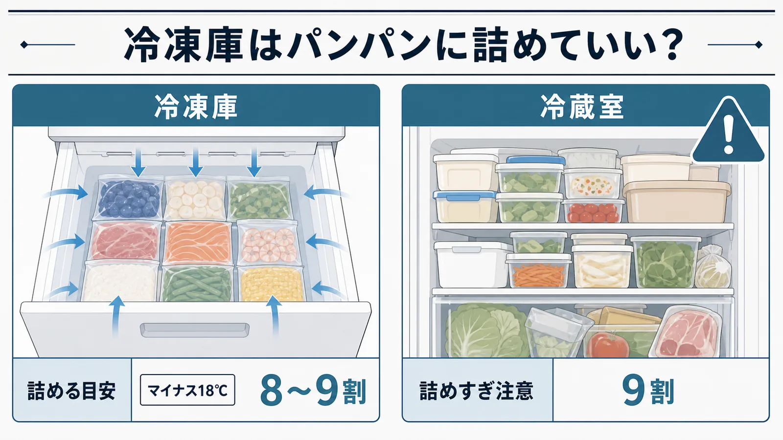 冷凍庫は8〜9割詰めが推奨で、冷蔵室は詰めすぎ注意という対比